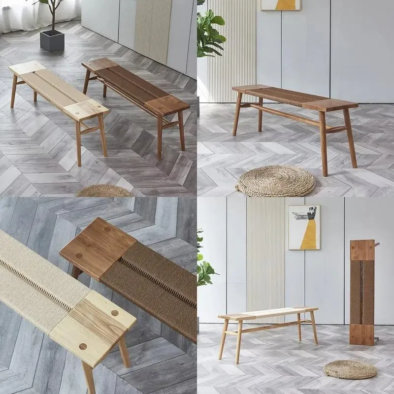 Nordic Modern Simple Solid Wood Bedside Stool Shoe Bench for Bedroom Dining Room Wool Rope Design Household Furniture