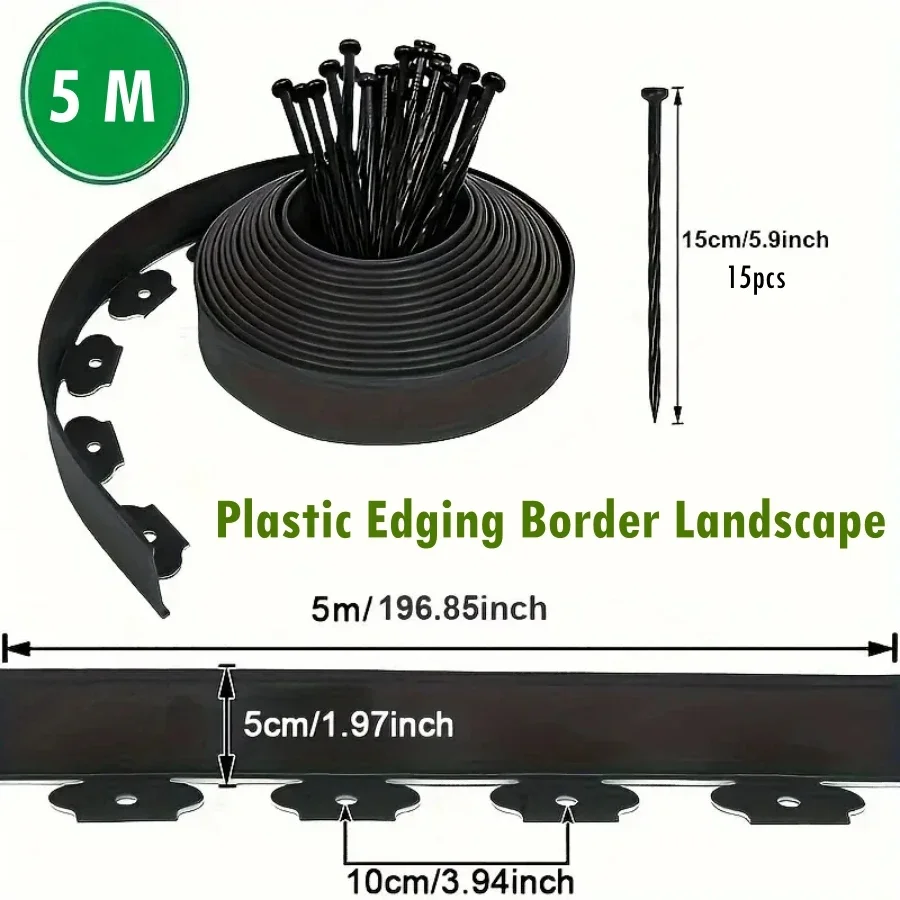 

5M Fixed Garden Barrier Lawn Grass Plastic Edging Border Landscape Edging Garden Edge Kit With 15 Anchoring Spikes Easy Install