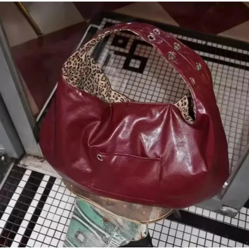 

Retro Fashion Women Tote Bag Wax Leather Wine Leopard Double Bag High-quality Texture Design Handbag Shoulder Bag Shoulder Bag