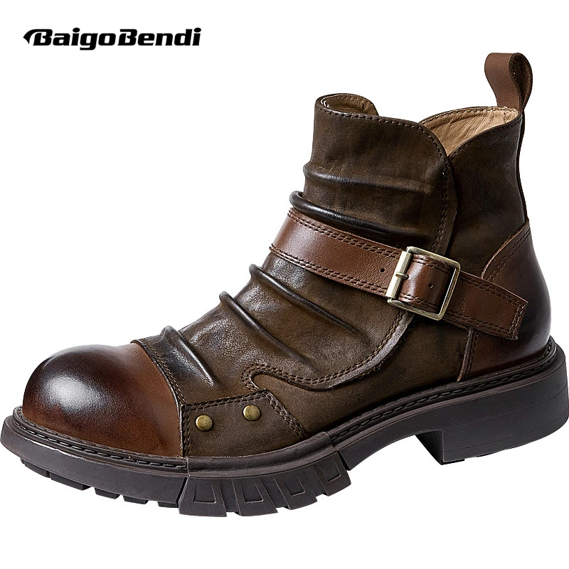 Must Get ! Handmade Punk Men Motorcycle Wrinkle Boots Cool Male Genuine Leather Chelsea Buckle Belt Autumn Winter Shoes