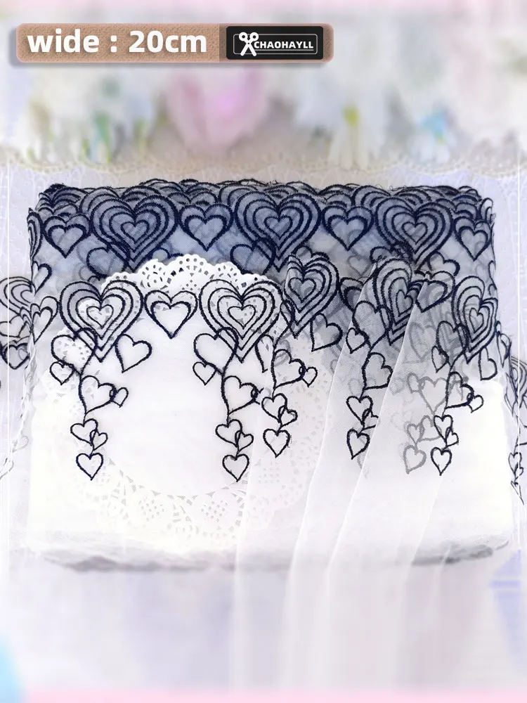 20CM di larghezza nero a forma di cuore Tulle maglia ricamato pizzo africano per frangia passamaneria fai da te festa abito da sposa forniture per