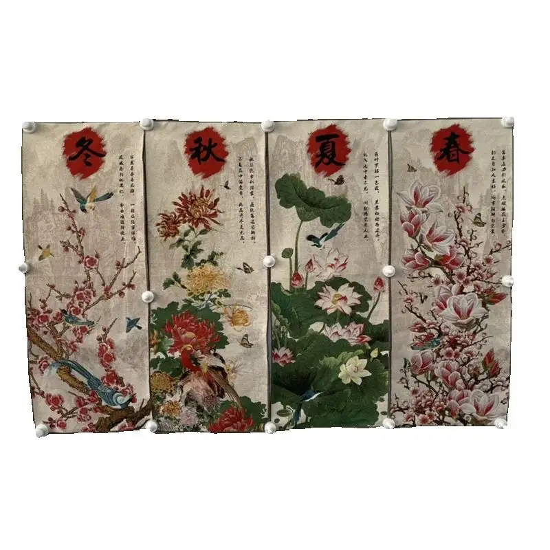 Chinese Old Color Brocade Four Screen Flower and Bird Pattern Embroidery Painting - Home Decorative Artwork