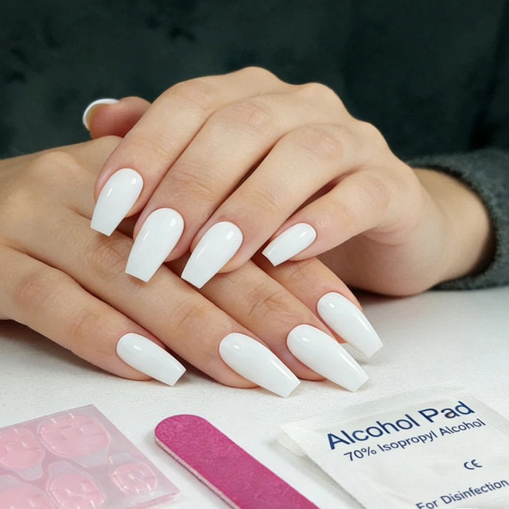 

White Short Ballerina Press On Nails Natural Glossy Fake Nails Full Cover Reusable False Nails For Women