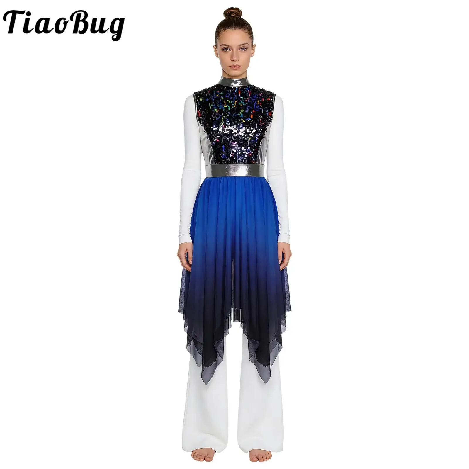 Damen Lyrisches Liturgisches Tanzkostüm Ärmelloses Pailletten-Oberteil Farbverlauf Mesh Unregelmäßiger Saum Anbetungs- und Lobpreiskleid Tanzkleidung