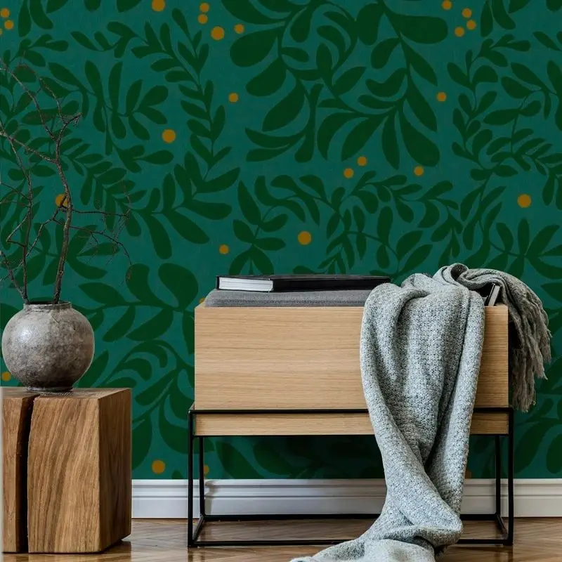 

Leaves On Dark Teal Wallpaper - Removable Luxury Wall Decor - Green Color Peel and Stick Wall Mural Paper Decal - Vintage Print