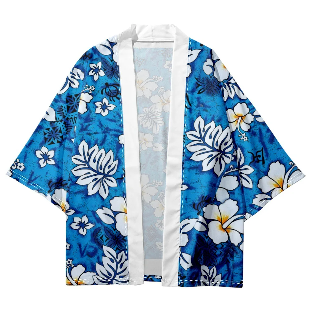 Cárdigan de moda japonesa para hombres y mujeres, blusa Haori Obi, ropa asiática Harajuku, Kimono con estampado Floral azul, ropa de calle samurái