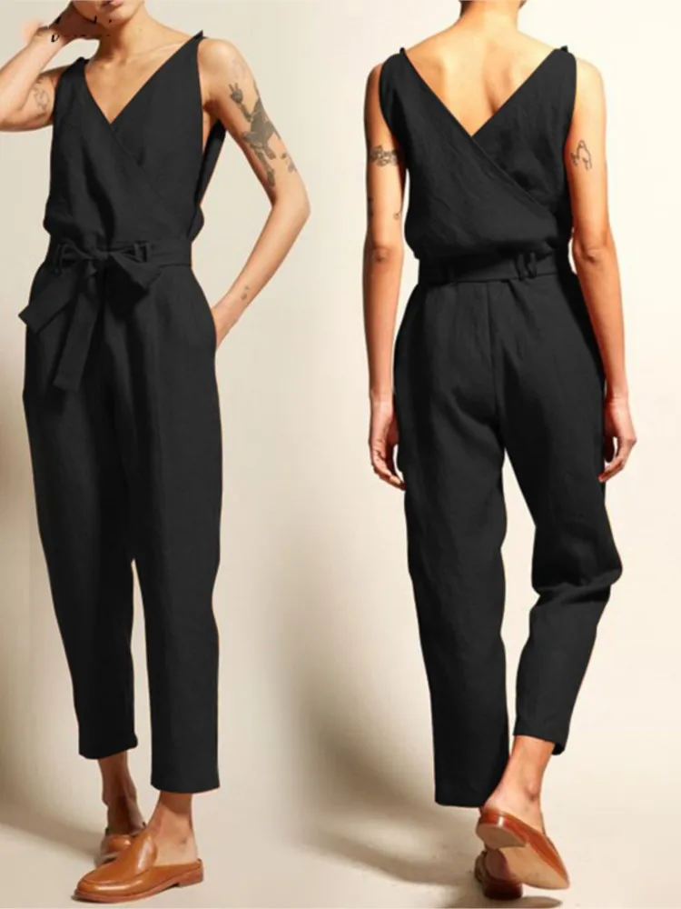 Casual V-neck Belted Women's Trousers Elegant Work Jumpsuit Summer Sleeveless Solid Color Jumpsuits For Women 2024