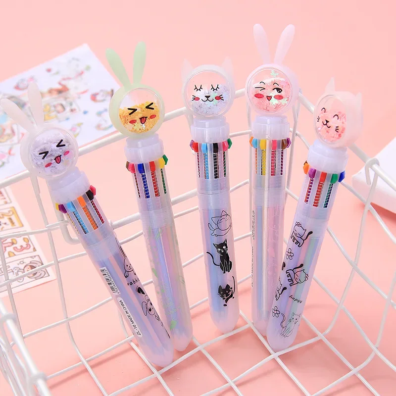 30PCS Cartoon Rabbit Ear Sequins Press Ball Pen Girl Heart 10 Color Hand Account Pen Student Color Multifunctional Oil Pen