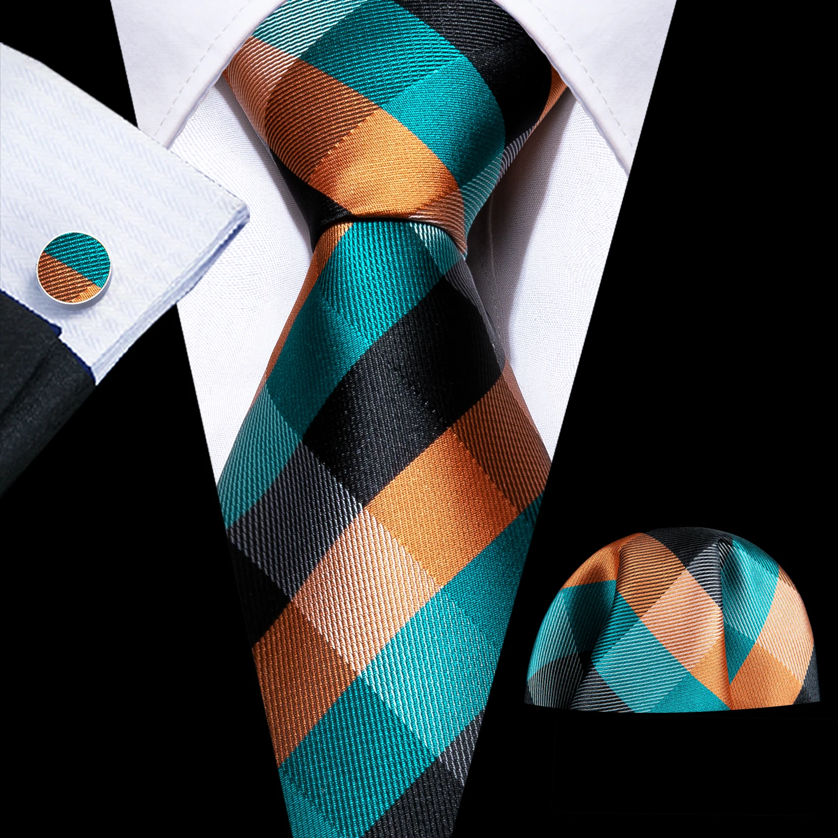 Luxury Men's Tie Set Check Plaid Necktie with Pocket Square Cufflinks for Wedding Business Formal Events Orange Green Purple