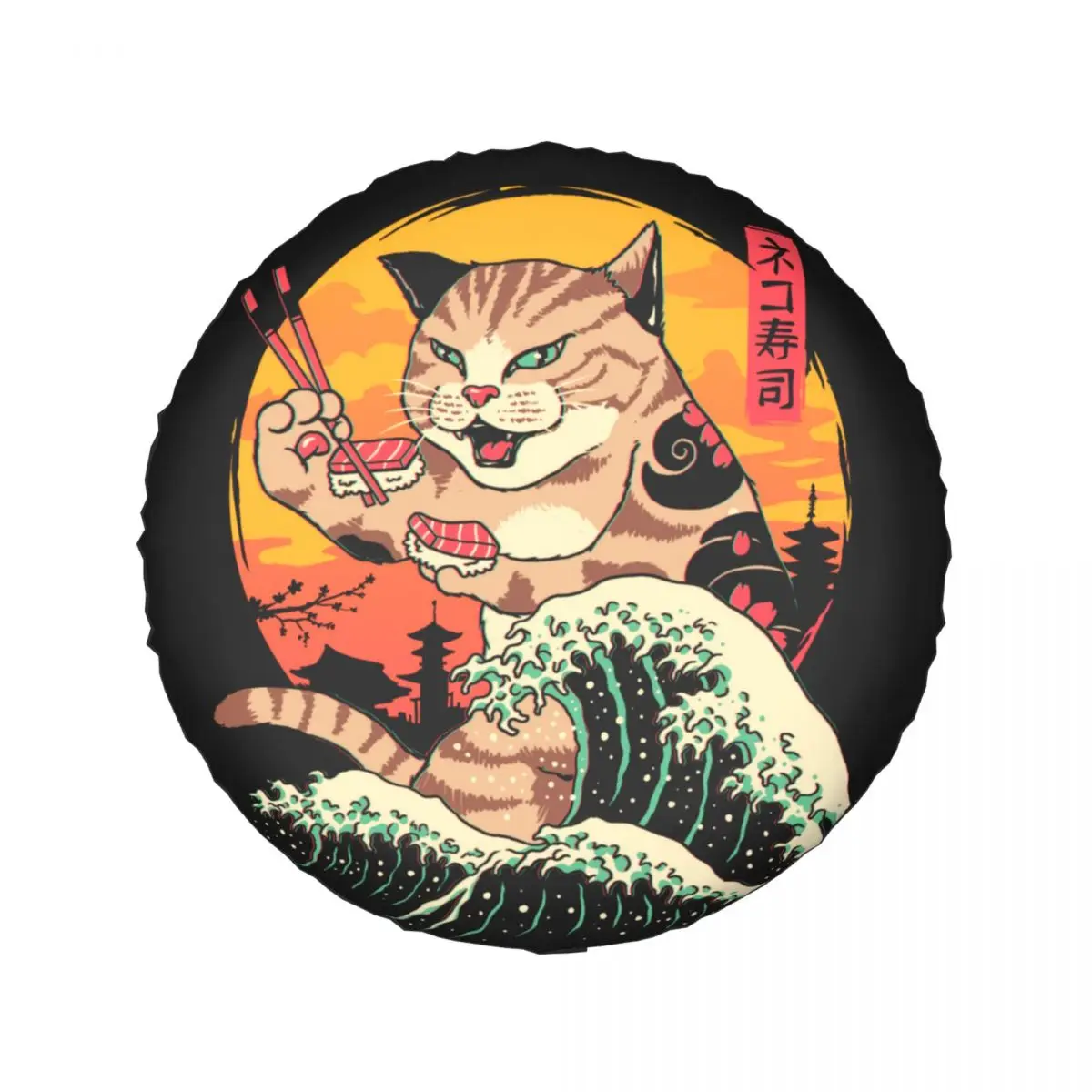 Neko Sushi Wave Spare Tire Cover for Prado Wrangler Jeep RV SUV Trailer Japan Retrowave Feline Cat Car Wheel Protector Covers