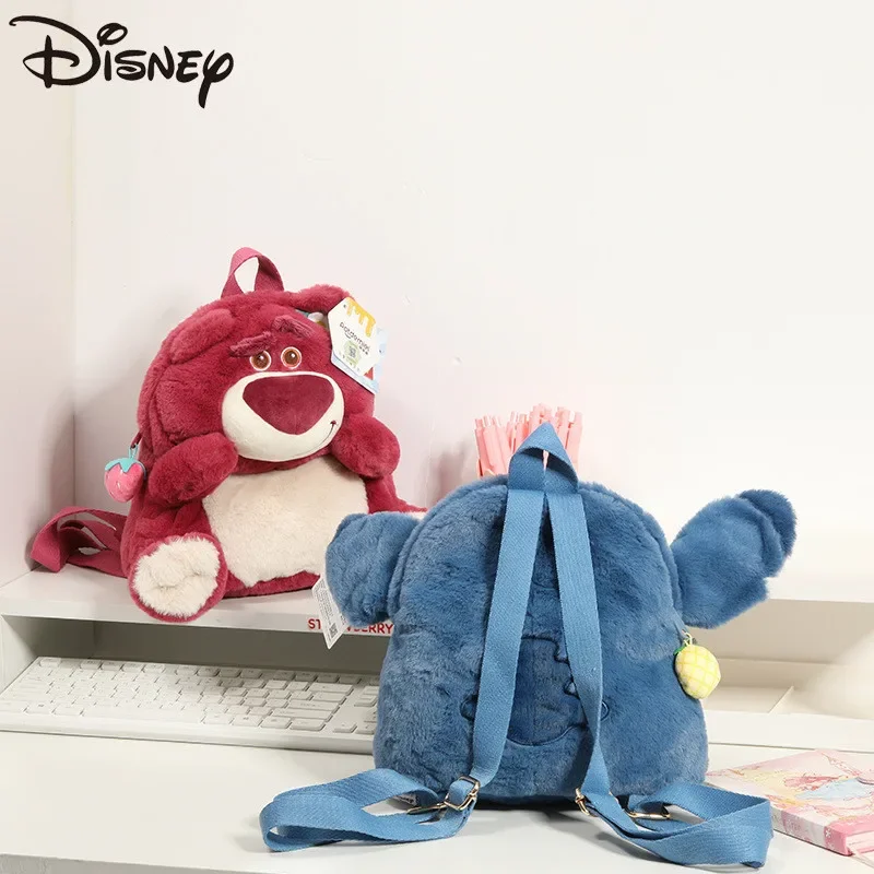 Disney Genuine Strawberry Bear Stitch Plush Doll Backpack Stitch Backpack Student School Bag Plush Bag