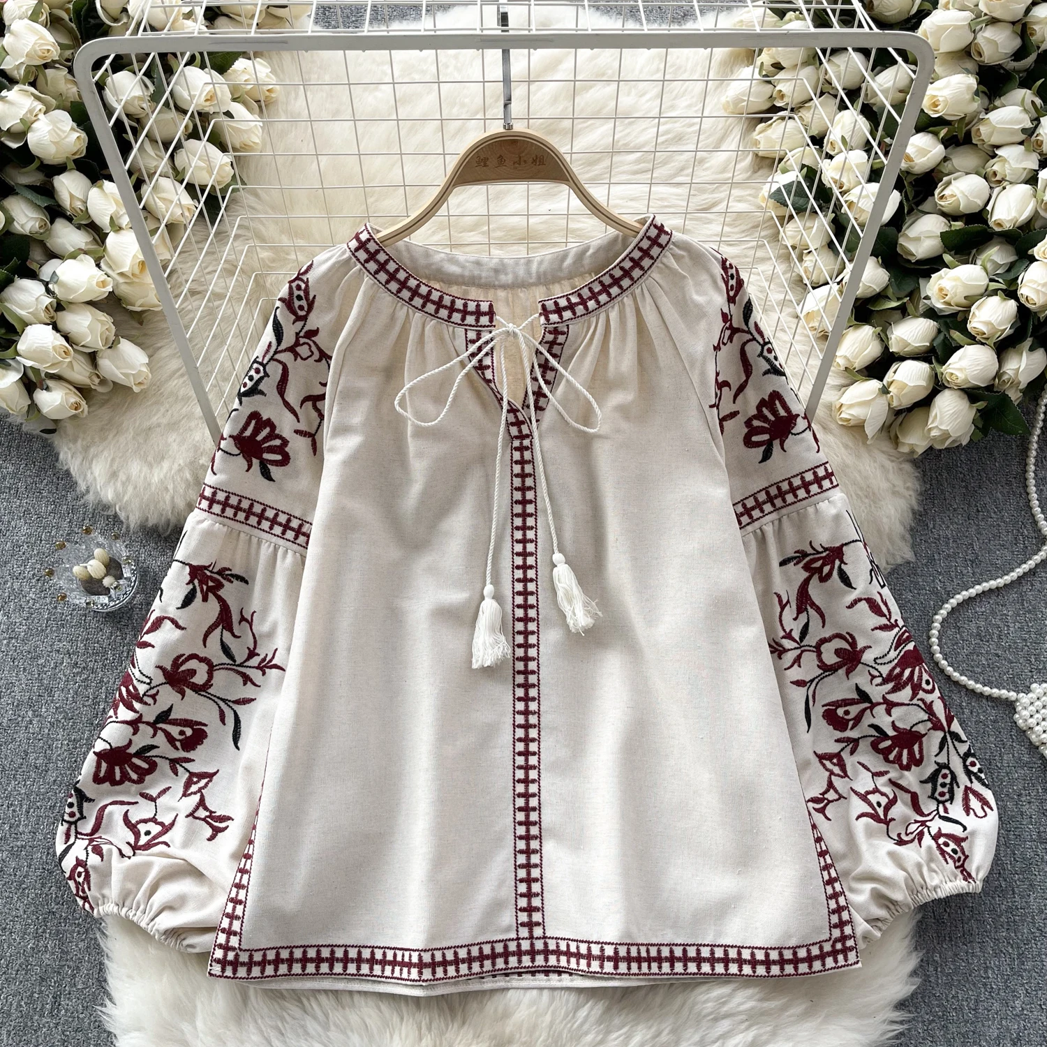 Vintage Elegant Embroidery Lace Up Puff Long Sleeve Loose Blouse Fashion Lapel Shirt Casual Chic Top Fairy Summer Women Shirt