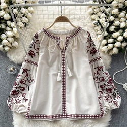 Vintage Elegant Embroidery Lace Up Puff Long Sleeve Loose Blouse Fashion Lapel Shirt  Casual Chic Top Fairy  Summer Women Shirt