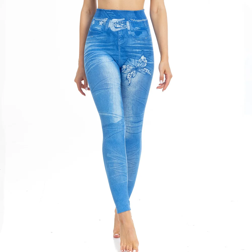 Women Denim Print Leggings Fashion Slim Leggings Faux Jeans Leggings Stretch Butterfly Printed Long Leggins Pant Summer Breeches