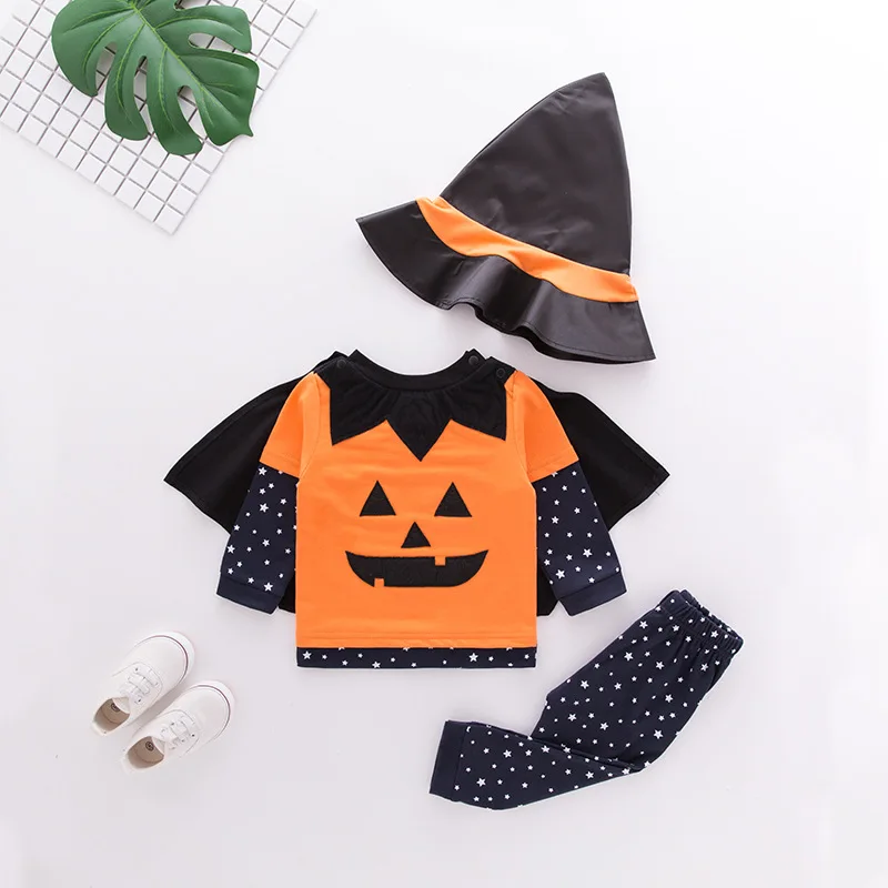 Baby Clothes Boys Girls Halloween Costume Pumpkin 4pcs Sets Long Sleeves Tops Pants Hat Cape Carnival Party Role Play Outfits