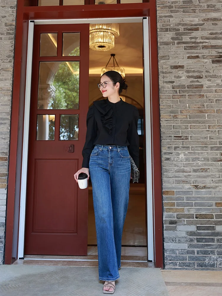 

Джинсы-колокольчики с высокой талией, эластичные супермодельные джинсы, сексуальные джинсовые синие женские облегающие джинсы, сезон весна-осень-зима