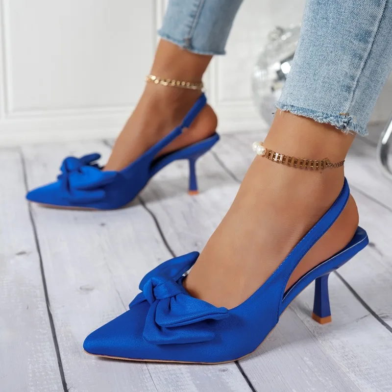 Women Sandals High Heels 2026 New Item Black Bow French Sandals Summer Style Exposed Heel Toe Strap Pointed High Heeled Shoes