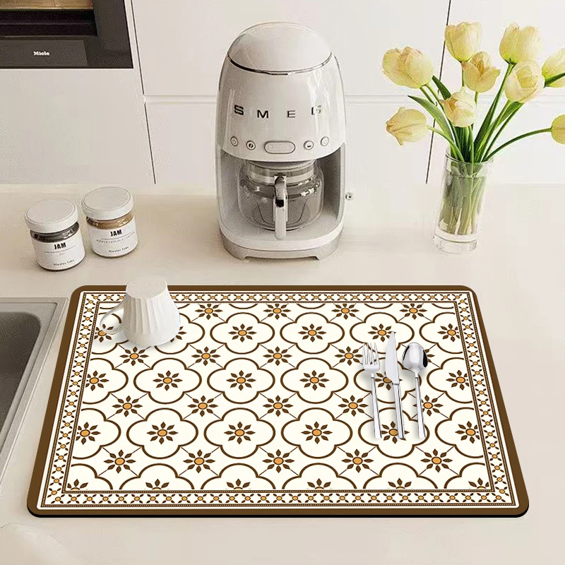 Vintage Beige Floral Tile Kitchen Drain Mat,Coffee Machine Counter,Dish Tableware Draining,Non Slip,Quick Dry,Present