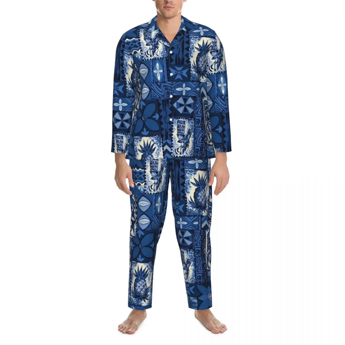 Tiki Hawaiian Vintage Tapa Sleepwear Autumn Casual Oversized Pajama Set Male Long Sleeve Kawaii Room Design Home Suit