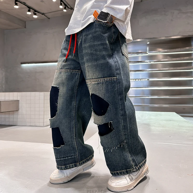 Teen Boy Beggar Ripped Jeans With Hole for Kids Retro Blue American Street Straight Denim Pants Child Destroyed Jeans Trousers