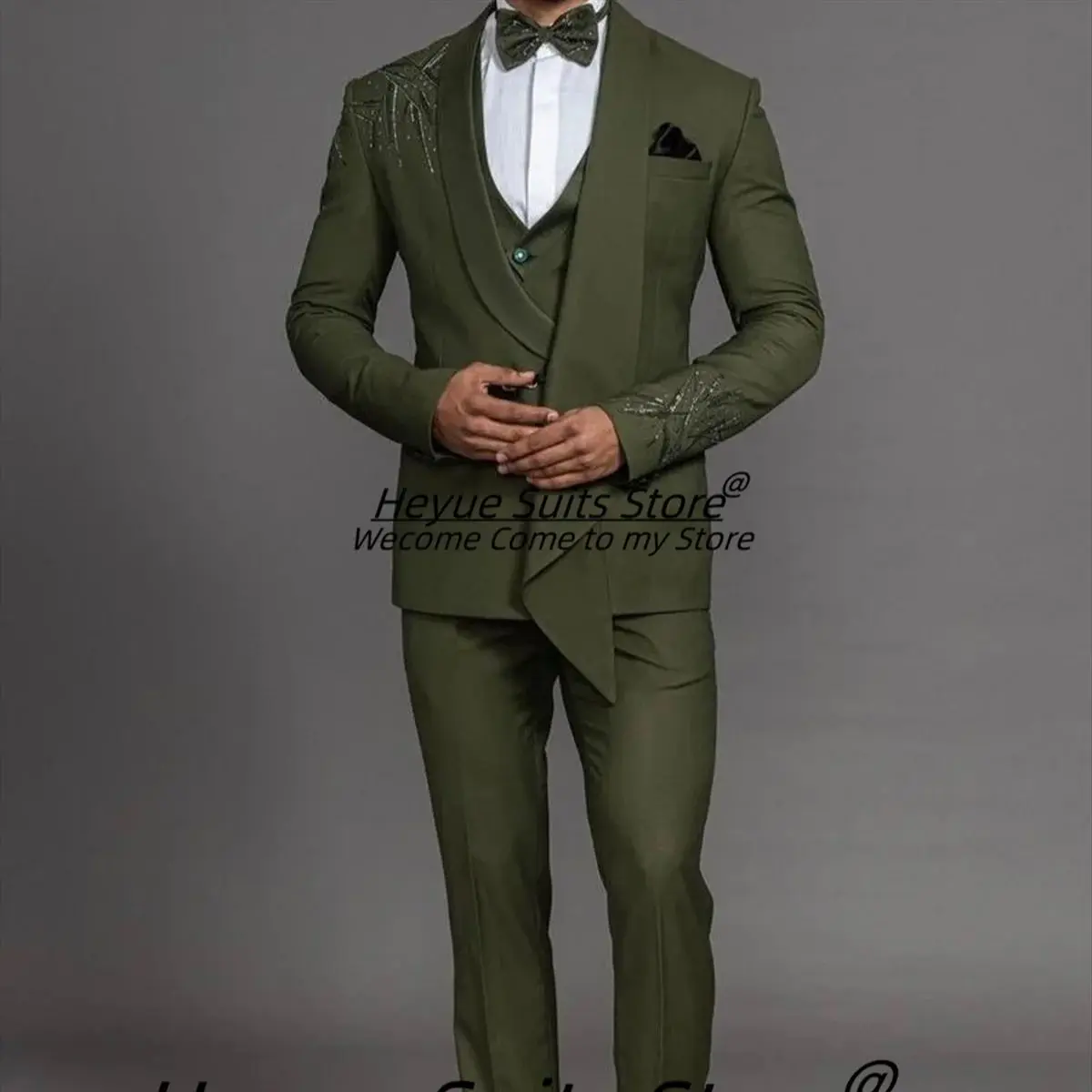 Luxuly Army Green Wedding Suits For Men Latest-design Slim Fit Best Man Prom Tuxedos 2Pcs Sets Handsome Male Blazers Ropa Hombre