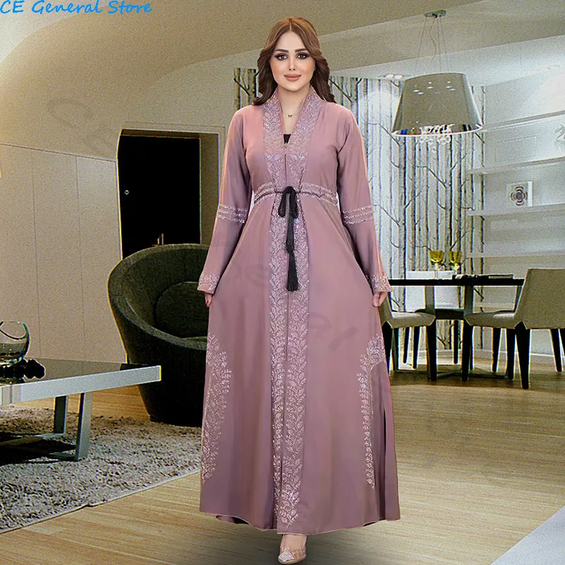 Muslim Robe Arabic  Women Long-sleeved Middle East Abaya Elegant Luxury Diamonds Ziper Dubai Evening  Dresses for Ramadan