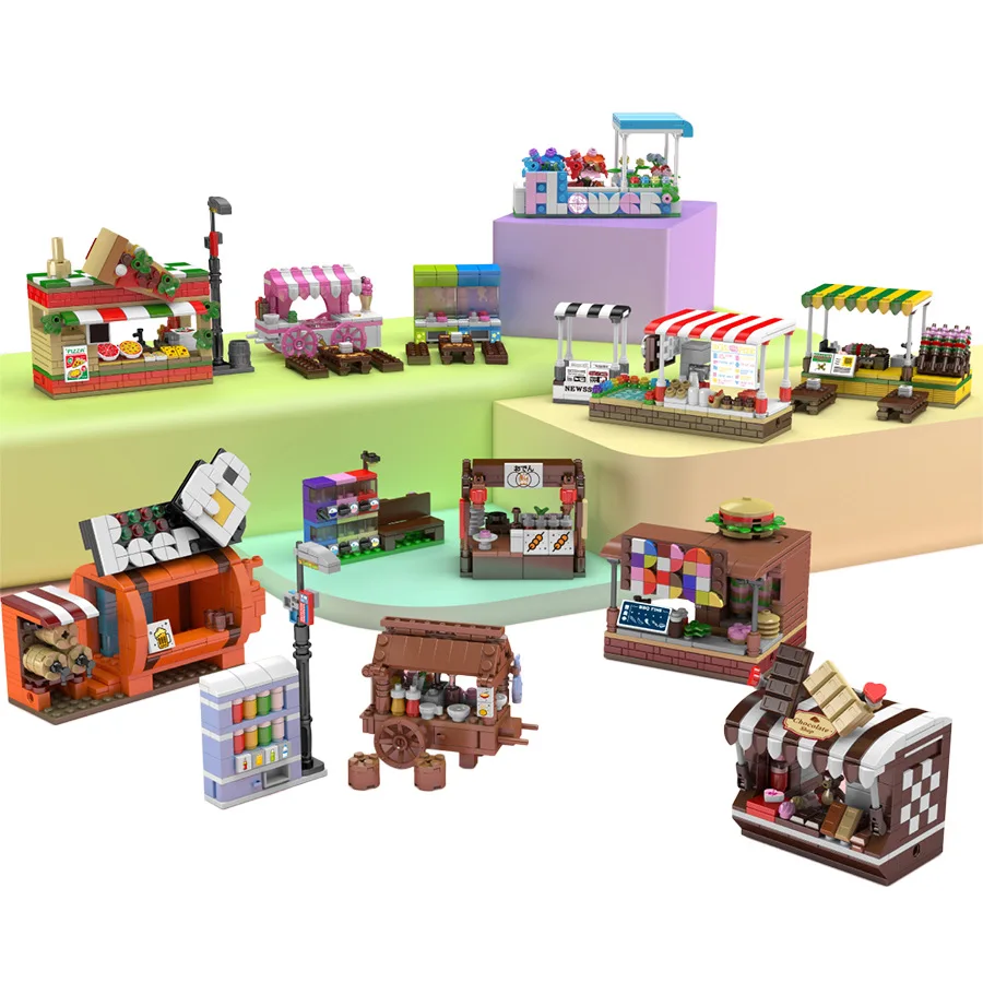 Mini Street Scene Building Blocks Model Stall Vending Machine Small Particle Assembling Ornaments MOC Technical Bricks DIY Gifts