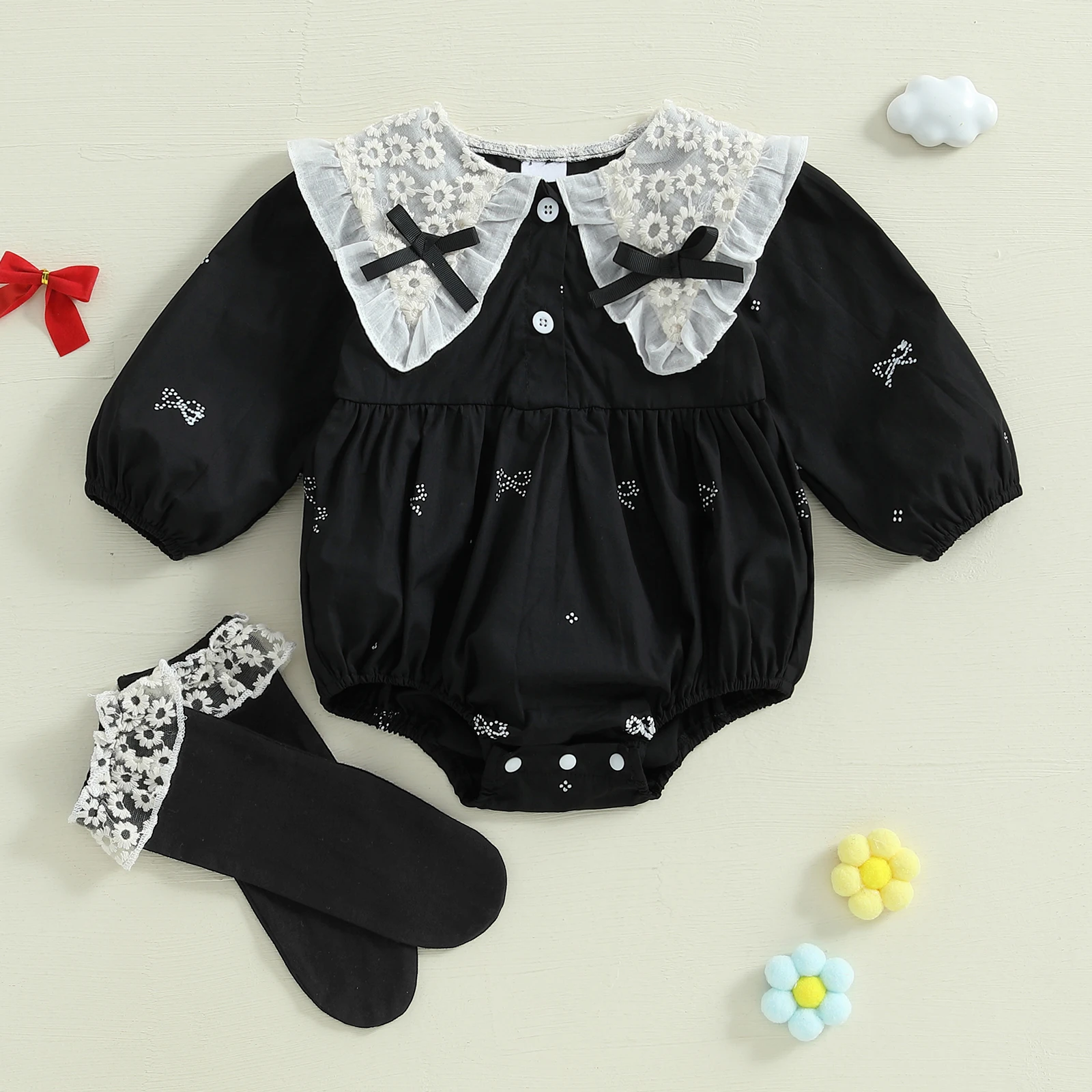 Tregren 0-18M Newborn Baby Girl 2Pcs Spring Summer Outfits Long Sleeve Doll Collar Bow Print Bodysuit with Socks Infant Clothes