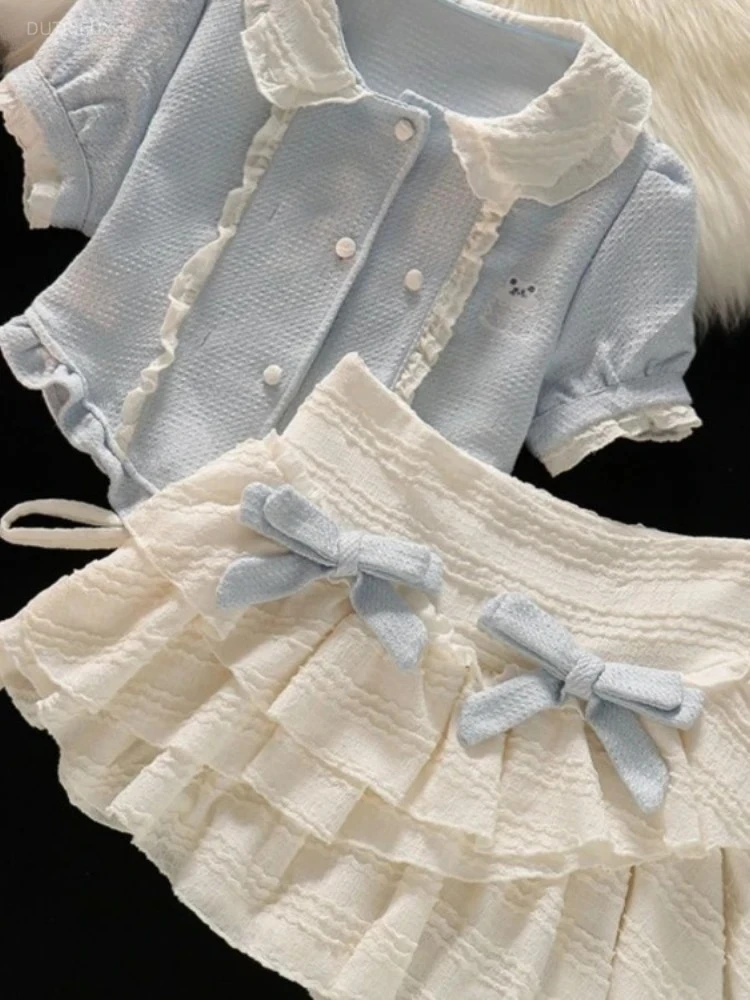 Sweet Two Piece Set Women Clothing Tunic Short Sleeve Blouse Bow Pleated Mini Skirt Outfits Roupas Femme Fashion Summer Y2k Suit