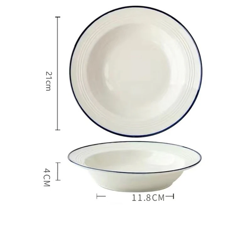 Simple Ceramic Straw Hat Plate Blue Rim Pasta Soup Plate Breakfast Fruit Vegetable Salad Deep Disc Dessert Cake Dish