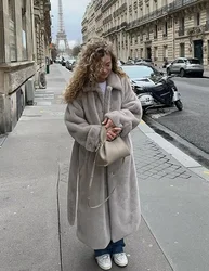 Women Solid Color Faux Fur Long Overcoat Single Breasted Belt Long Trench Coat Winter Fluffy Plush Warm New Thicken Outerwear