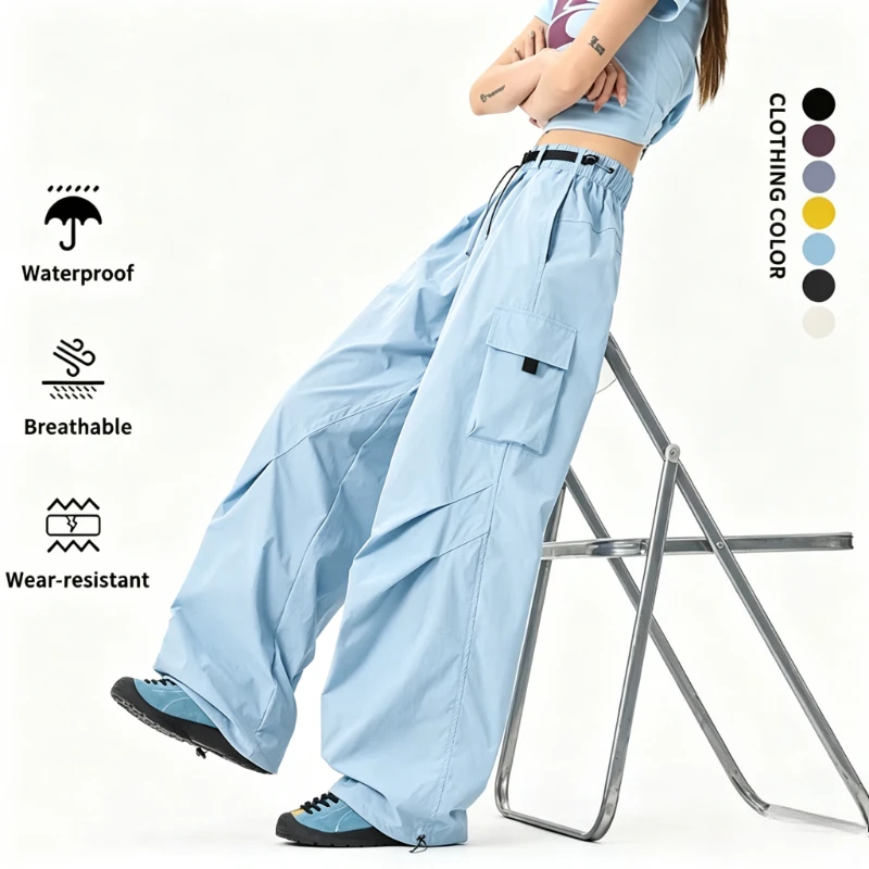 Women Outdoor Hiking Cargo Pants Waterproof Mountaineering Pants Elastic Waist Paratrooper Pants Loose Camping Cycling Trousers