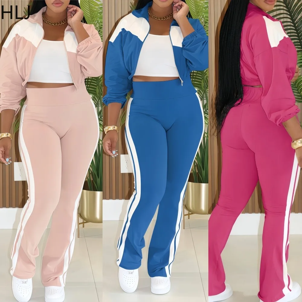 HLJ Fashion Sports 2 Pieces Set for Woman Color Block Zipper Long Sleeves Crop Jacke and Pants Matching Female Streetwear New