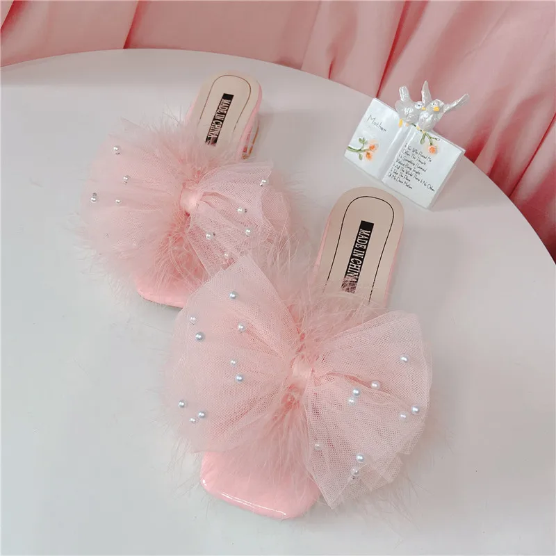 Pearls Beaded Sweet Pink Woman Summer Mules Slippers Fluffy Feather Bow High Heels Fur Sandals Peep Toe Ladies Slides Shoes