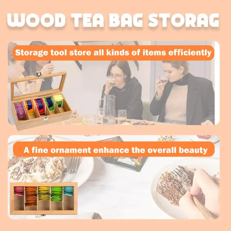 1Pc Bamboo Tea Bag Storage Box Portable Teabag Holder With 5 Compartments Multipurpose Tea Packet Box For Home Office Spices.*..