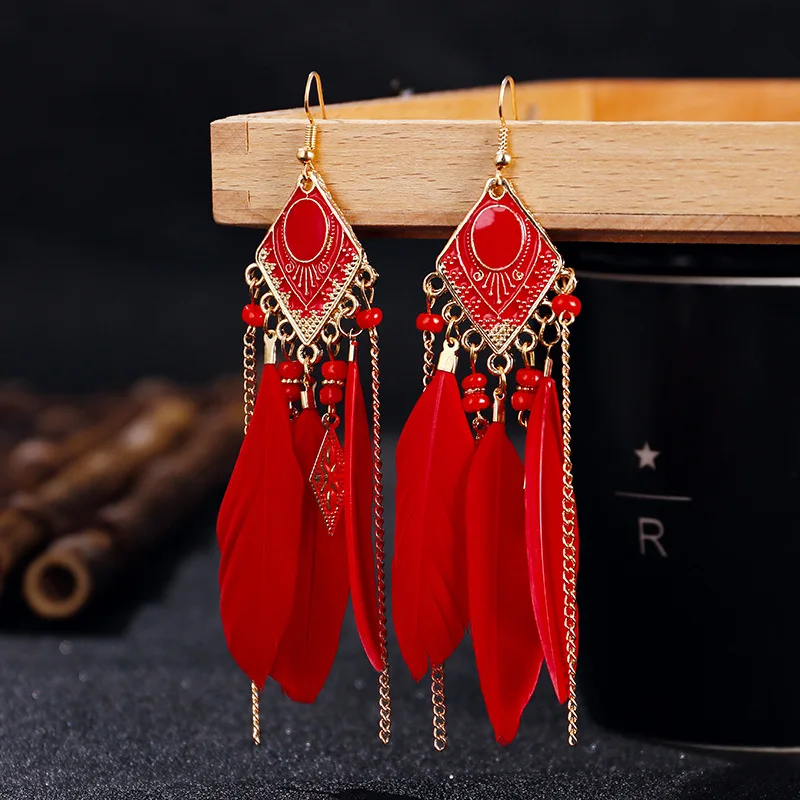 Böhmische lange Feder-Ohrringe für Frauen, klassische ethnische Retro-Temperament-Kette, Blatt-Perlen-Quasten-Ohrringe, Boho-Hochzeitsschmuck – Detail 4