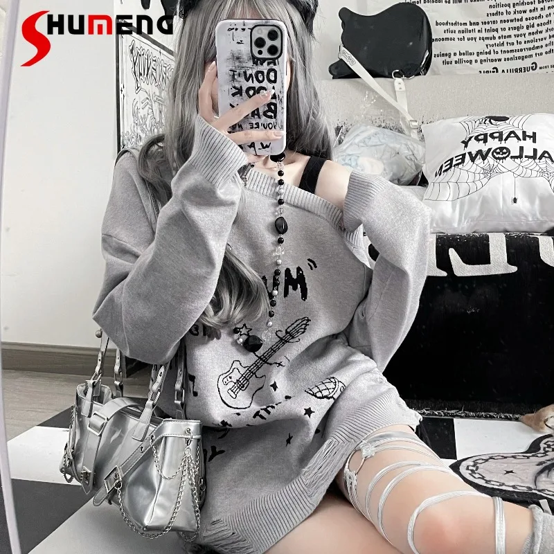 

Japanese Rojita Jumpers Original Dimensional Record Subculture Open Shoulder Hole Loose Sweet Cool Drawstring Sweater Pullovers