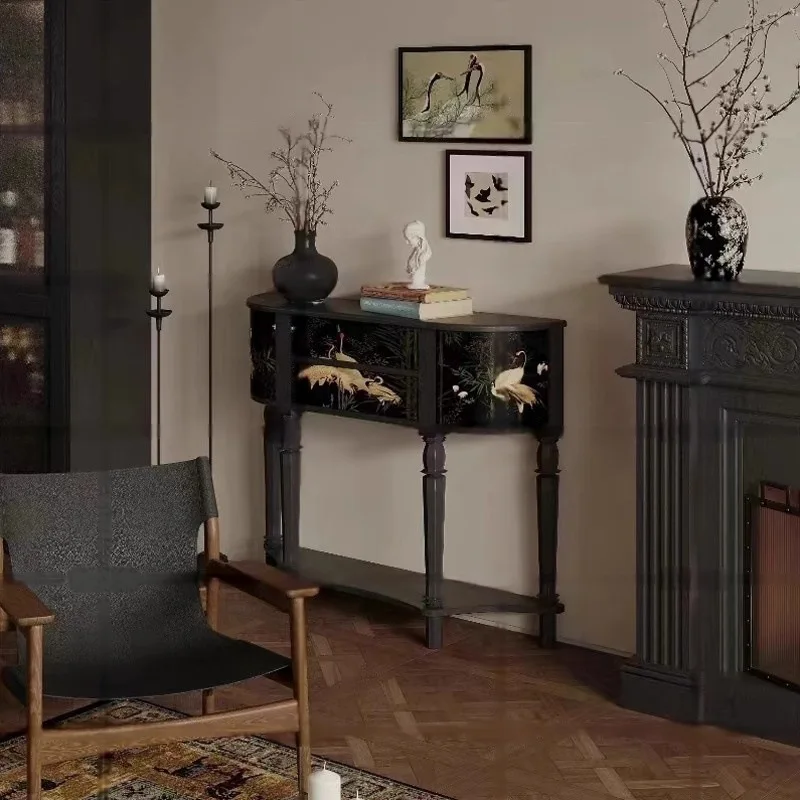 Medieval black painted entrance table French animal pattern foyer display cabinet retro solid wood storage case