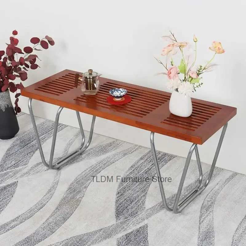 Retro Slatted Wood Top V-Shaped Metal Leg Long Bench Minimalist Entryway Stool For Bedroom Hallway Sofa Home Decor