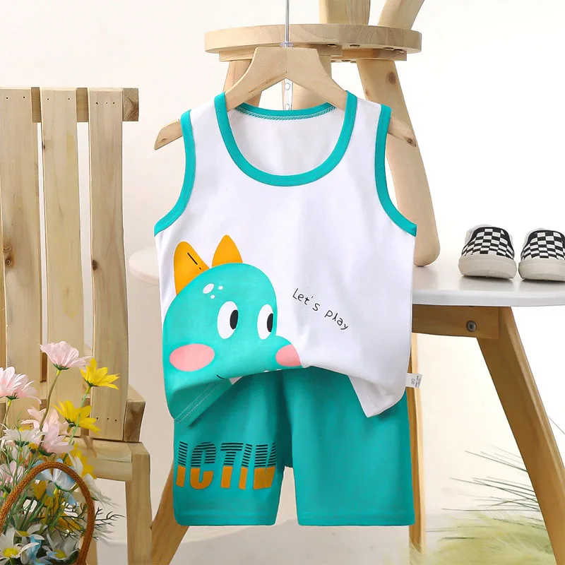 Boys Vest Set Summer Cotton New Clothes Children\'s Sleeveless Cartoon Wool Comfort Set Class A Thin Two-piece Set for 6-9months