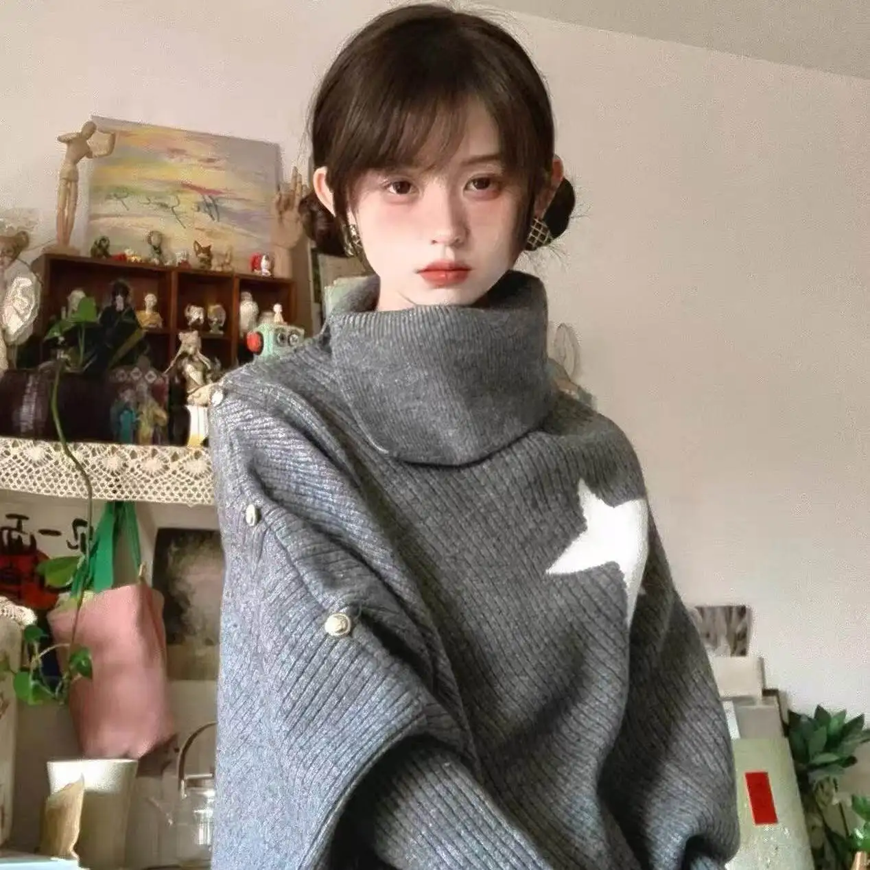 Irregular design, loose niche cloak, high-necked star cashmere sweater, cloak sweater
