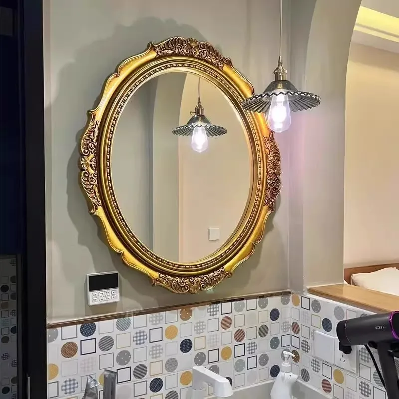 French Style Light luxury Home use Carved Flowers Bathroom Mirror Gold Color Retro Ellipse High level Sense Wall Hanging Mirror