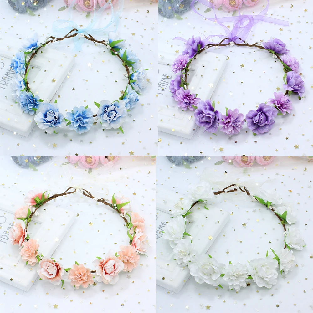 Fashion Bohemia Garland Rose Flower Crown Women Headbands with Adjustable Ribbon Girls Floral Wreath Bridal Halo Headpiece