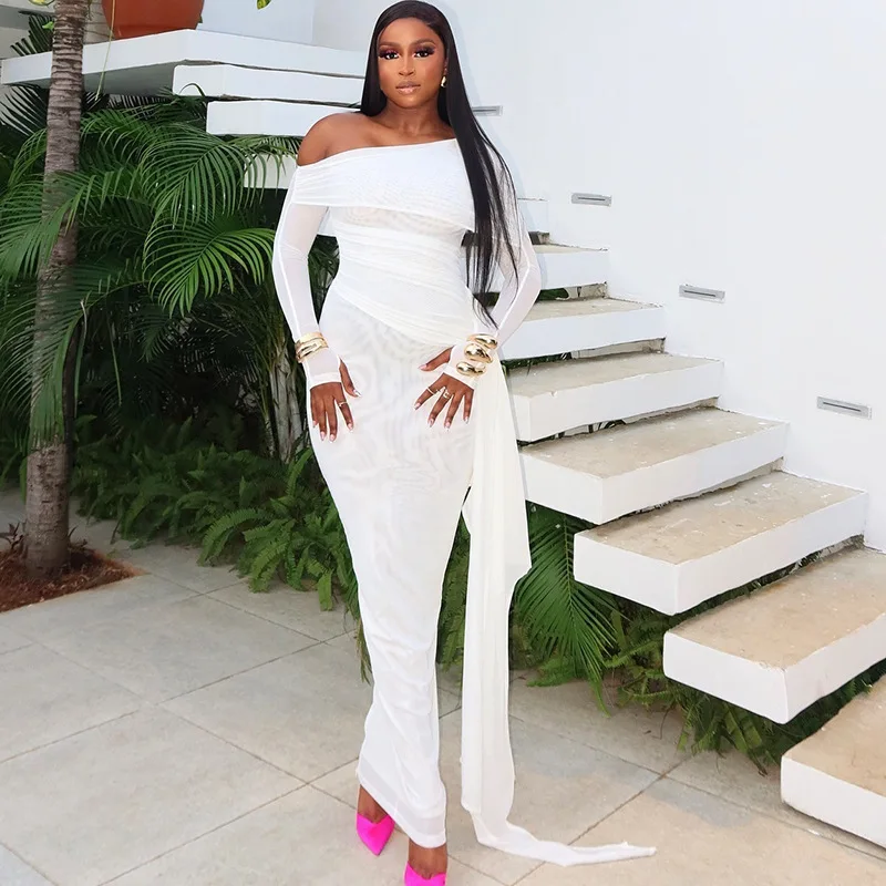 Ele Pure Color Long Sve Me Slim Fit Dr مع Sa للنساء بخصر عالٍ محبوك من البوليستر الأساسي Sle Thiened Win...