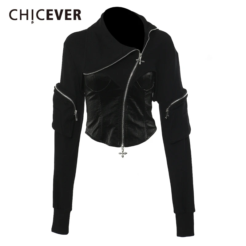 

CHICEVER уличная одежда в стиле рок для женщин, нерегулярные лацканы в стиле пэчворк, на молнии, с длинными рукавами, тонкое кожаное пальто, женское