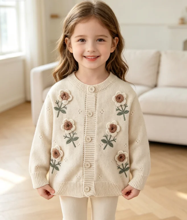 Candy Color Knitted Cardigan Embroidered Flower Decoration Sweater Autumn Winter For Baby Trendy Sweet Daily Casual Outdoor Wear