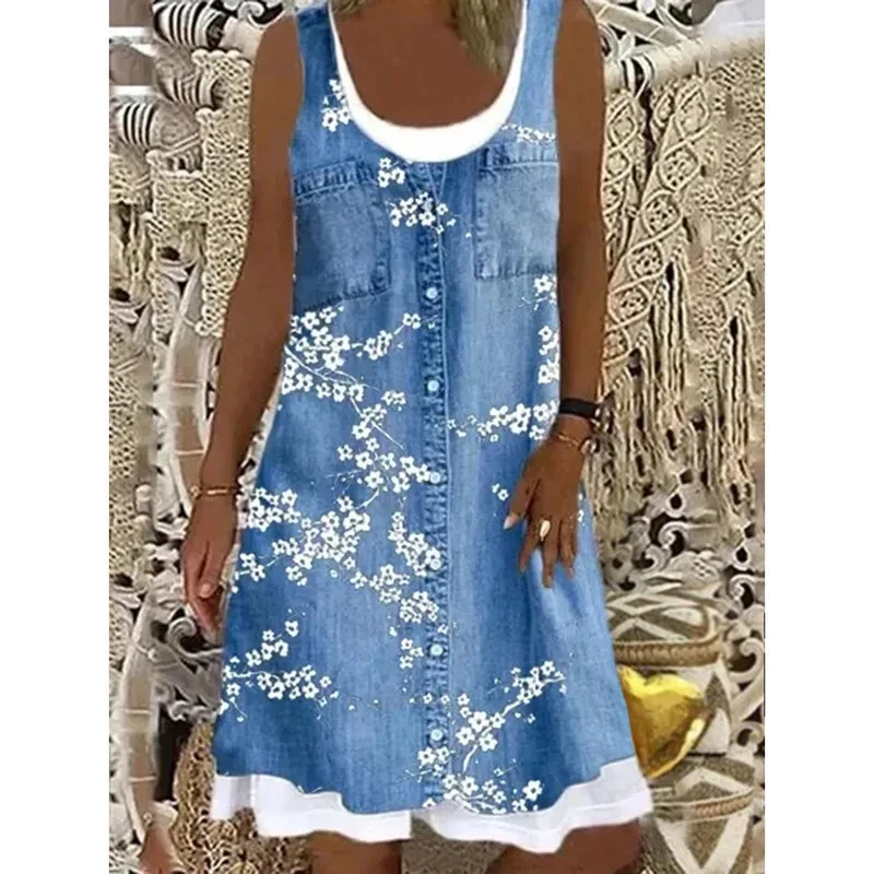 

European And American Women S Loose Fashion Digital Print Faux Two Piece Denim Dress Casual Stylish Comfortable Trendy Outfit
