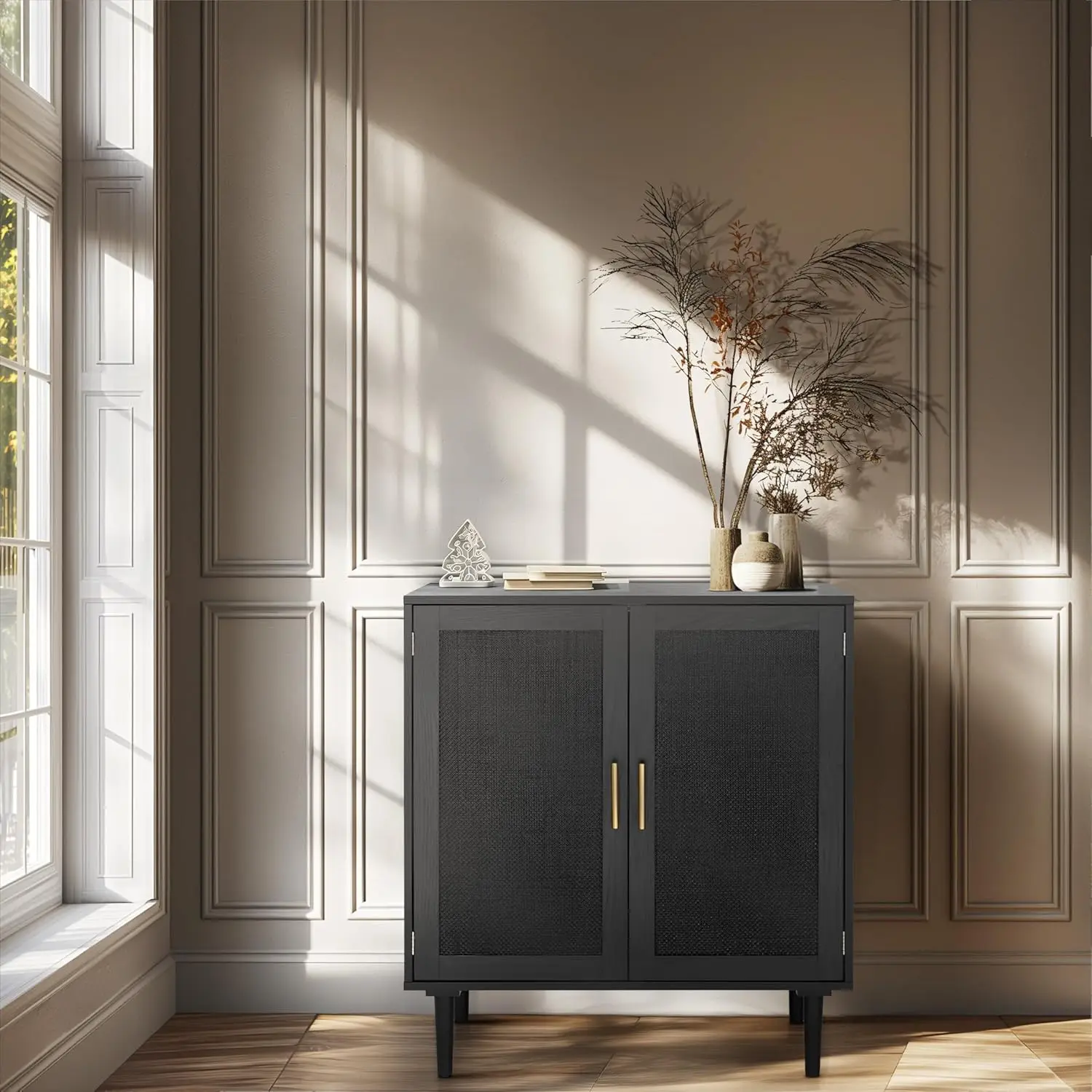 Sideboard Buffet Kitchen Storage Cabinet With Bla Painted Rattan Decorated Doors, Dining Room, Hallway, Cupboard Console Table,