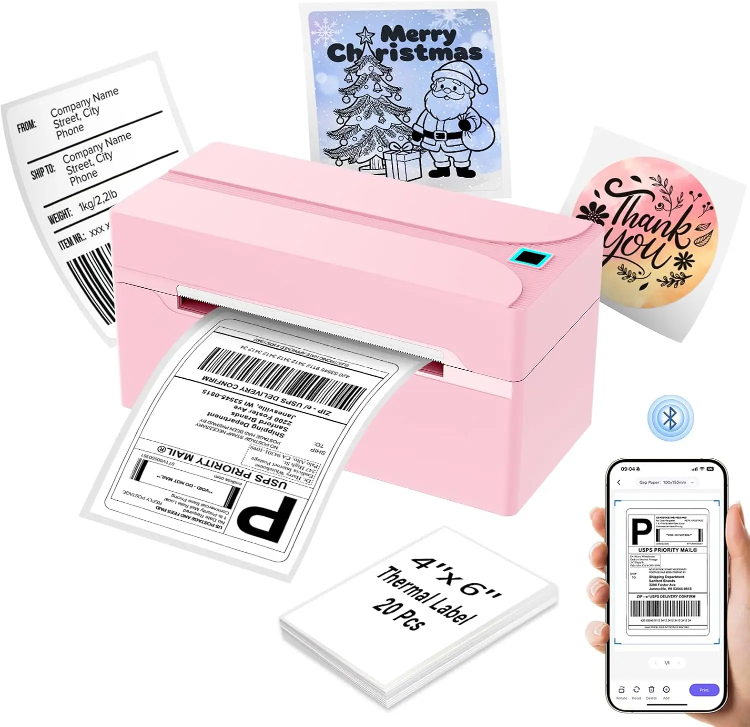 

Bluetooth Thermal Label Printer 4x6 for Shipping, Small Business, Compatible with iOS/Android/Windows/Mac, Pink