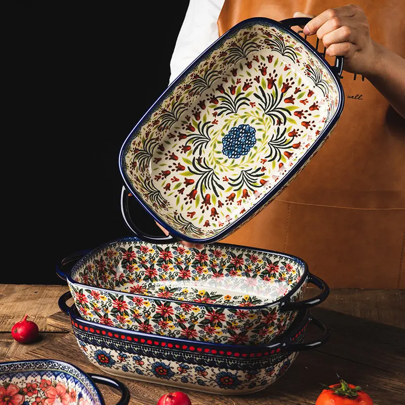 

Tableware ceramic baking dish creative retrofor home double-ear bowl rectangular plant florals printing and dyeing classyretro
